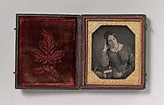 [Young Woman with Elbow Resting on Small Pile of Books and Head on Hand], Unknown (American), Daguerreotype with applied color