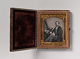 [Man Seated in Front of Cloud Backdrop, Books and Top Hat on Table], Unknown, Daguerreotype with applied color