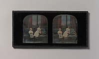 [Stereograph, Two Children Standing Between Furniture in a Studio Parlor Setting], Antoine-François-Jean Claudet (French, Lyon 1797–1867London), Daguerreotype with applied color