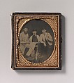 [Three Carpenters, Standing, Holding a Ruler, Hammer, and Sheet of Paper], Unknown (American), Ambrotype with applied color