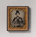 [Carpenter in Top Hat with Hatchet, Compass, Square, and Hand Saw], Unknown (American), Ambrotype with applied color