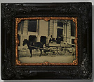 [Three Men Seated in a Horse-Drawn Buggy in Front of a Building Under Construction], Unknown (American), Ambrotype