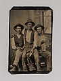[Three Painters, with Brushes and a Can of Paint, in Front of a Painted Window Backdrop], Unknown (American), Tintype with applied color