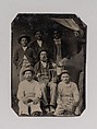 [Six Workmen Holding Various Trade Tools: Paint Brushes, Bucket, Glass Bottle, and Hatchet], Unknown (American), Tintype