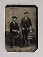 [Two Stovepipe Makers, One with a Hammer and Tin Snips, the Other Sitting on Stovepipe Assembly with Tin Snips and Mallet], Unknown (American), Tintype