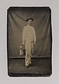 [Painter in Paint-spattered Overalls with Brushes and Paint Can], Unknown (American), Tintype