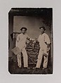 [Two Plasterers in Overalls Leaning on a Rustic Fence], Unknown (American), Tintype