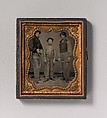 [Two Men and a Boy with Outside Calipers, Backsaw, Square, and Frame Saw], Unknown (American), Tintype with applied color