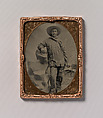 [Workman Holding Brush and Rectangular Tray, Arm Resting on Fake Rock], Unknown, Tintype with applied color