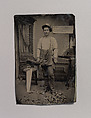 [Carpenter or Cabinetmaker Standing Before a Sign Advertising His Trade], Unknown (American), Tintype with applied color