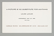 [Announcement for "A Picture Is No Substitute For Anything", Harold Rivkin, New York City], Louise Lawler  American, Letterpress
