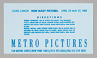 [Announcement, decal for "How Many Pictures", Metro Pictures, New York City], Louise Lawler (American, born Bronxville, New York, 1947), Printed card with decal