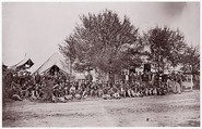 [Unidentified Company of Soldiers at Ease, Seated on Ground in Tented Camp], Unknown (American), Albumen silver print from glass negative