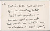 [73 Manuscripts, Typescripts, Carbons From the 1960s-70s: Van Vechten Portrait Session, Lyric Documentary Project, Yale Lecture Notes, Sale of Agee Manuscripts, MFA and Yale Exhibitions, Caroline Freud, and Personal Writing], Walker Evans (American, St. Louis, Missouri 1903–1975 New Haven, Connecticut), Pencil/ink on paper