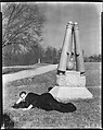 [Peter Sekaer Wrapped in Dark Cloth Lying on Ground Next to Battlefield Monument, Vicksburg, Mississippi], Walker Evans  American, Film negative