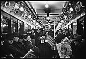 [Four 35mm Film Frames: View Down Subway Car: Accordionist Performing in Aisle, Newspaper Vendor in Aisle, New York City], Walker Evans (American, St. Louis, Missouri 1903–1975 New Haven, Connecticut), Film negative
