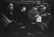 [Four 35mm Film Frames: Subway Passengers, New York City: Sleeping Man in Car Corner, Aunt Jemima Pancake Mix Advertisement in Subway Car, Woman in Fur Collar, Row of Passengers], Walker Evans (American, St. Louis, Missouri 1903–1975 New Haven, Connecticut), Film negative