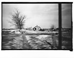 [Row of Wooden Houses with Surrounding Farm Buildings in Field, From Moving Automobile, Louisiana], Walker Evans  American, Film negative