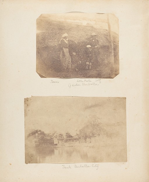[Portrait of a Bearer, Little Marlin, and Captain Hill, Garden, Umballa]