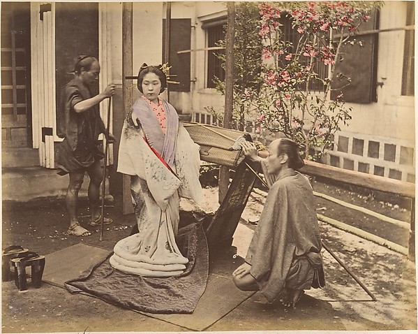 [Japanese Woman in Traditional Dress Posing with Two Men]