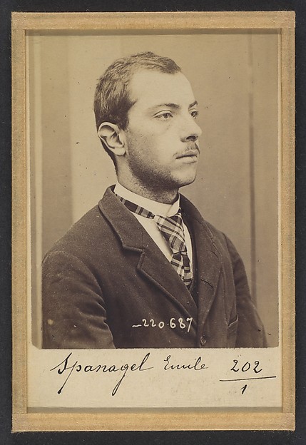 Alphonse Bertillon | Spanagel. Emile, Ignace. 20 ans, né le 28/2/74 à Paris XVlle. Serrurier. Anarchiste. 7/7/94. | The Met