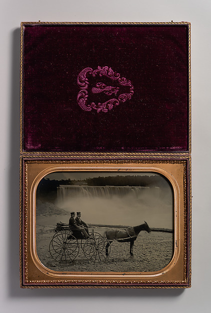 [Two Men Seated in a Horse-Drawn Carriage in Front of Niagara Falls]