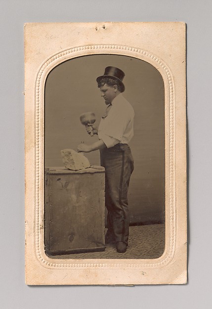 [Mason in Top Hat with Mallet, Chisel, and Piece of Stone]