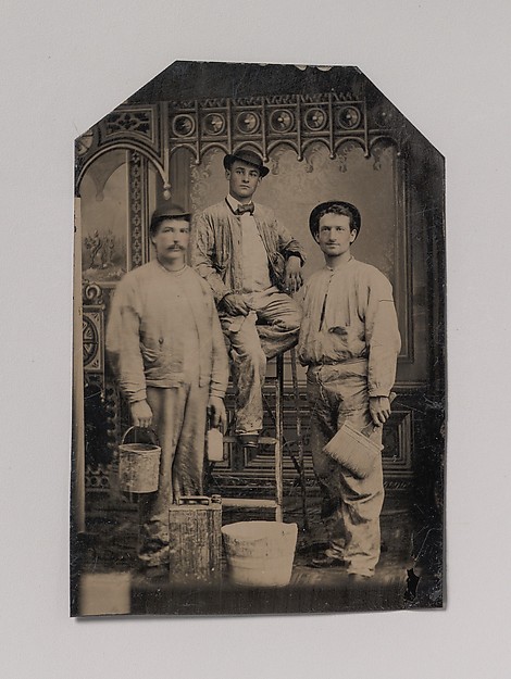 [Three Painters, Arranged On and Around a Ladder, with Brushes, Bucket, and Paint Can]