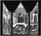 Madonna and Child Enthroned with Saints Peter, Bartholomew, Catherine of Alexandria, and Paul, and (below) the Nativity; left wing (top to bottom): Annunciatory Angel, Crucified Christ with the Virgin, Saints Mary Magdalen and John, and Christ as the Man of Sorrows; right wing (top to bottom): Virgin Annunciate, Saints Onophrius and Paphnutius, and Saint Onophrius Buried by Saint Paphnutius., Matteo di Pacino (documented 1359–1394), Tempera on wood, gold ground, Italian