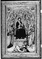 Madonna and Child Enthroned with Saint John the Evangelist, Saint Peter, Saint Agnes, Saint Catherine of Alexandria, Saint Lucy, an Unidentified Female Saint, Saint Paul, and Saint John the Baptist, with Eve and the Serpent; the Annunciation, Paolo di Giovanni Fei (Italian, San Quirico, active by 1369–died 1411), Tempera on wood, gold ground