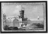 Capriccio with a Circular Tower, Two Houses, and a Bridge, Follower of Francesco Guardi (Italian, Venice 1712–1793 Venice), Oil on paper, laid down on Masonite, Italian