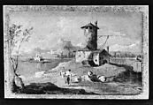 Capriccio with an Island, a Tower, and Houses, Follower of Francesco Guardi (Italian, Venice 1712–1793 Venice), Oil on paper, laid down on Masonite, Italian