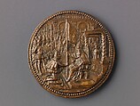 Portrait medal of Antoine Perrenot Granvelle (obverse); Don Juan of Austria Receiving the Standard from Granvelle (reverse), Giovanni V. Melon (Italian, active ca. 1570–90), Bronze (Copper alloy with orange-brown,
mottled cuprite patina).