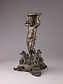 Candlestick in the form of a Putto (see also 1975.1.1375, .1376, .1377), Bronze (Copper alloy with a dull patina varying from a reddish to olive green color), Italian, Venice