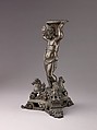 Candlestick in the form of a Putto (see also 1975.1.1374, .1376, .1377), Bronze (Copper alloy with a dull patina verying from a reddish to olive green color)., Italian, Venice