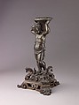 Candlestick in the form of a Putto (see also 1975.1.1374, .1375, .1377), Bronze (Copper alloy with a dull patina varying from a reddish to olive green color)., Italian, Venice