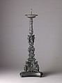 Candlestick with figures of caryatids and putti, Italian  , Venice (?), Copper alloy, with dark green to black patina., Italian, Venice (?)