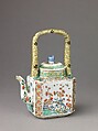 Covered wine pot or teapot, Chinese  , Qing Dynasty, Kangxi period, Porcelain painted in overglaze famille verte enamels and gilt., Chinese
