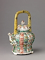 Covered wine pot or teapot, Chinese  , Qing Dynasty, Kangxi period, Porcelain painted in overglaze famille verte enamels and gilt., Chinese