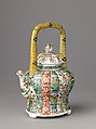 Covered wine pot or teapot, Chinese  , Qing Dynasty, Kangxi period, Porcelain painted in overglaze famille verte enamels and gilt., Chinese