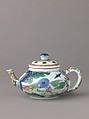 Small covered wine pot or teapot, Chinese  , Qing Dynasty, Kangxi period, Porcelain painted in underglaze blue and overglaze famille verte enamels., Chinese
