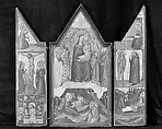 Madonna and Child Enthroned with Saints Peter, Bartholomew, Catherine of Alexandria, and Paul, and (below) the Nativity; left wing (top to bottom): Annunciatory Angel, Crucified Christ with the Virgin, Saints Mary Magdalen and John, and Christ as the Man of Sorrows; right wing (top to bottom): Virgin Annunciate, Saints Onophrius and Paphnutius, and Saint Onophrius Buried by Saint Paphnutius., Matteo di Pacino (documented 1359–1394), Tempera on wood, gold ground, Italian
