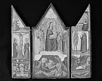 Madonna and Child Enthroned with Saints Peter, Bartholomew, Catherine of Alexandria, and Paul, and (below) the Nativity; left wing (top to bottom): Annunciatory Angel, Crucified Christ with the Virgin, Saints Mary Magdalen and John, and Christ as the Man of Sorrows; right wing (top to bottom): Virgin Annunciate, Saints Onophrius and Paphnutius, and Saint Onophrius Buried by Saint Paphnutius., Matteo di Pacino (documented 1359–1394), Tempera on wood, gold ground, Italian