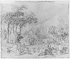 View of a Park, Jean Honoré Fragonard (French, Grasse 1732–1806 Paris), Black chalk with gray wash and touches of green and pink watercolor over pencil underdrawing; verso: black chalk.