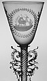 Wineglass, Colorless (slightly tan) nonlead glass. Blown, pattern molded, trailed, pincered, wheel-engraved., probably Italian (Venice)