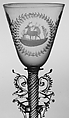 Wineglass, Colorless (slightly tan) nonlead glass. Blown, pattern molded, trailed, pincered, wheel-engraved., probably Italian (Venice)