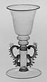 Wineglass, Colorless (slightly tan) and transparent bright blue-green bubbly nonlead glass. Blown, trailed, pincered., Façon de Venise, northern European
