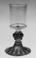 Goblet, Colorless (slightly gray) and transparent dark blue nonlead glass. Blown, pattern molded, gilt., Italian (Venice)
