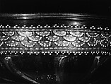 Footed bowl, Colorless (purplish gray) nonlead glass. Blown, pattern molded, enameled, gilt., Italian (Venice)