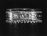 Goblet, Colorless (slightly grayish tan) nonlead glass. Blown, pattern molded, enameled, gilt., Italian (Venice)